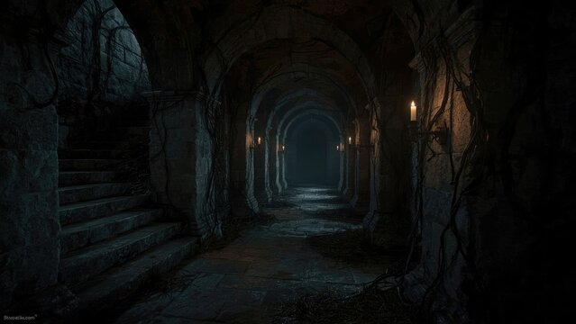 Dark and mysterious stone corridor with candles and vines