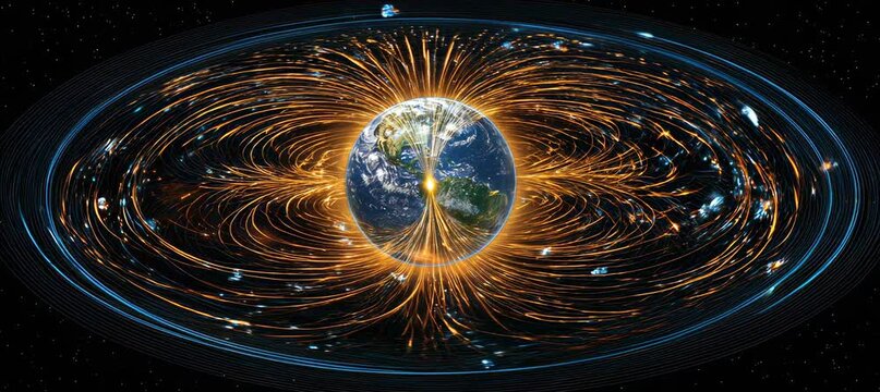 Strong magnetic field energy visual on earth planet. Gravity energy force. Generative video AI technology.