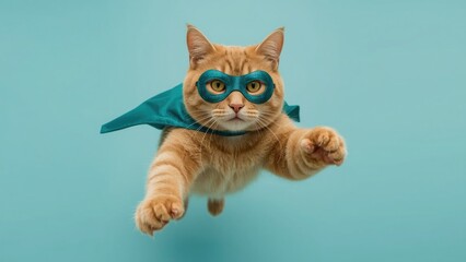 Ginger cat superhero in flight teal cape and mask