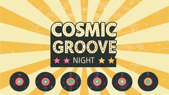Cosmic groove night design with records and star accents set against a retro burst background pattern