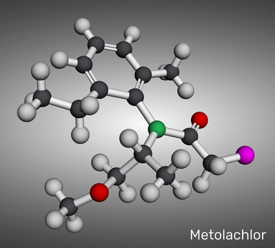Metolachlor molecule. Chloroacetanilide herbicide used for pre-emergent weed control in agriculture. Molecular model. 3D rendering.