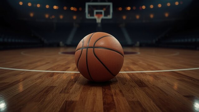 Close up of a basketball on a polished wooden court in a dimly lit arena