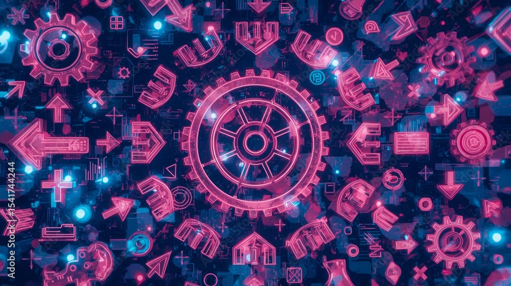 Poster a colorful image of gears and arrows with a pink background. the image is abstract and has a futuris