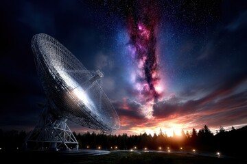 Observatory dish collects signals under a starry sky at sunset