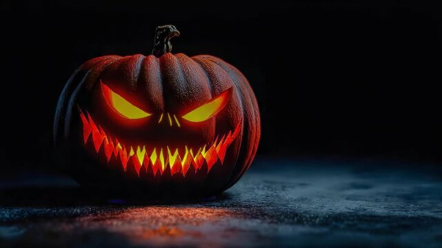 Scary evil glowing halloween pumpkin laughing terribly on dark background