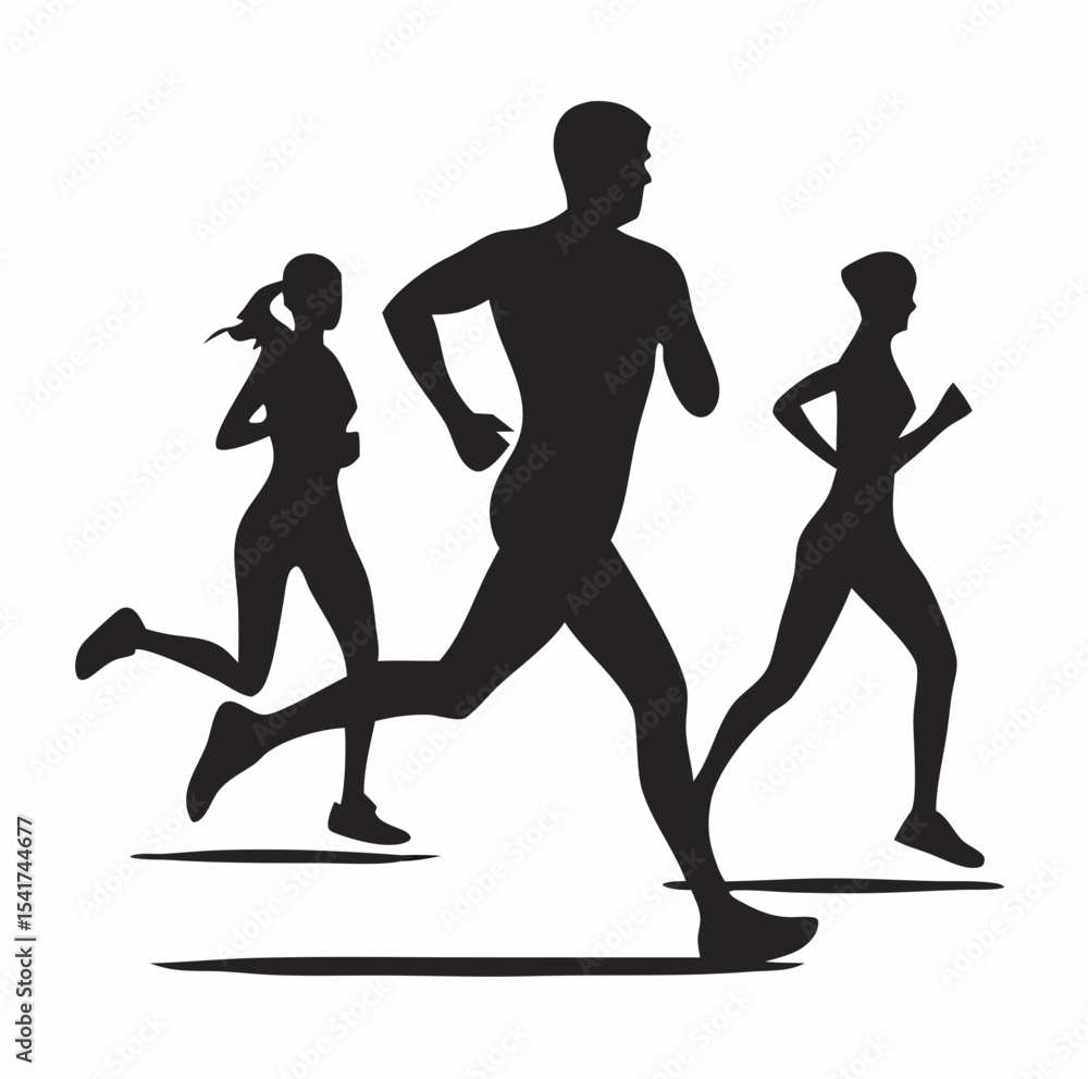 Poster silhouette of three people running together in a race or exercise activity on a white background cre