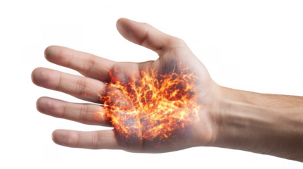 Open hand displaying burning flames on the palm against a transparent background, illustrating a striking visual of power, danger, and transformation, evoking intense emotions