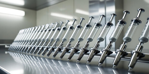 Row of Syringes Lined Up on Metal Rack

