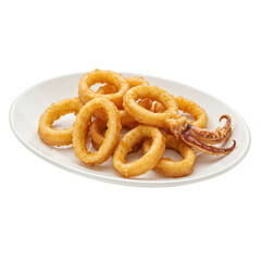 Crispy fried squid rings on a white plate