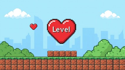 Pixel art game level background with heart and cityscape