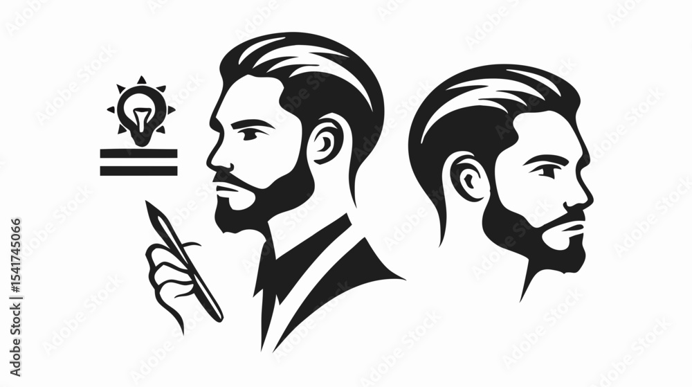 Poster illustration of two men in profile with a lightbulb and pen representing ideas and creativity create