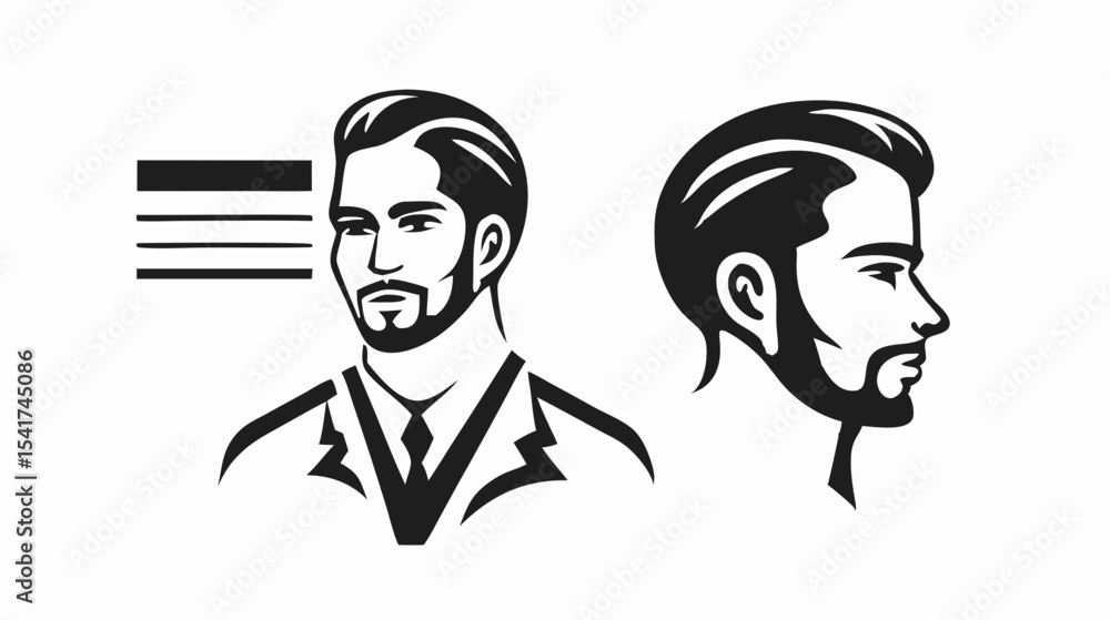 Poster man in suit with beard and hair neatly styled shown in front and side profile in black and white des