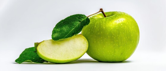 The vibrant green apple with a fresh slice and leaves in the background.