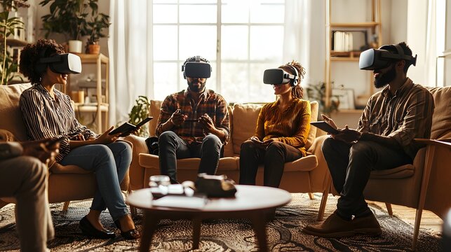 Group of Friends Engaged in Virtual Reality Experience Together
