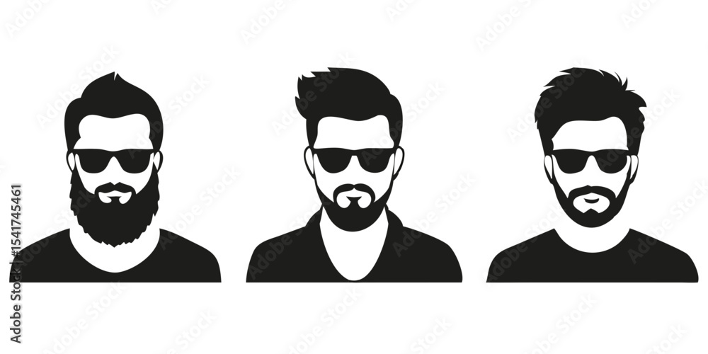 Poster three stylized men with beards and sunglasses in black and white vector illustration style image cre