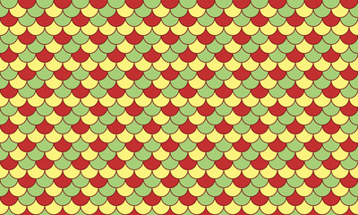 Vibrant geometric pattern featuring overlapping scales in red, yellow, and green.  Perfect for textile design, website backgrounds, or playful branding.