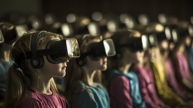 Children Engaged in Virtual Reality Experience with Headsets