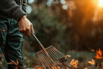 Landscaper raking leaves in a vibrant garden at sunset nature scene outdoor activity close-up viewpoint gardening passion