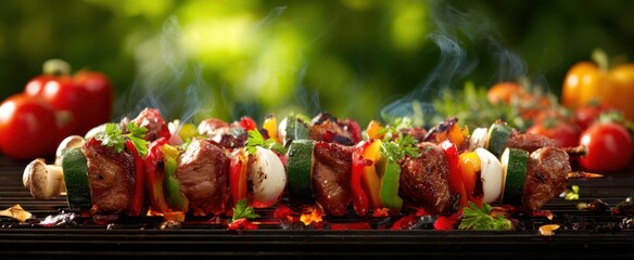 The vibrant skewers of grilled vegetables and marinated meat on a barbecue grill.