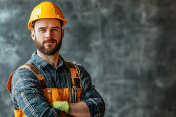 Motivated construction worker in hard hat job site portrait urban environment close-up view professionalism and dedication
