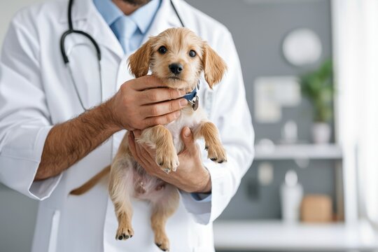 Veterinarian examining a small dog in a modern clinic pet care indoor environment close-up viewpoint compassionate approach