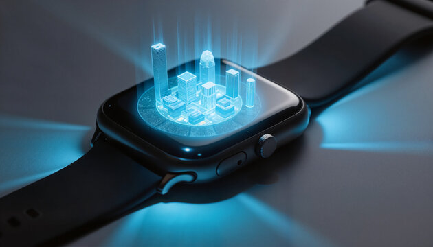 Smartwatch displaying holographic cityscape on futuristic background   - Powered by Adobe