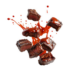 Grilled Beef Cubes with Barbecue Sauce Splash  isolated on transparent or white background	
 