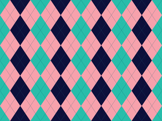 Vibrant argyle pattern in pink, teal, and navy.  Perfect for fashion, textile, or website backgrounds.  Geometric design evokes a playful yet sophisticated aesthetic.