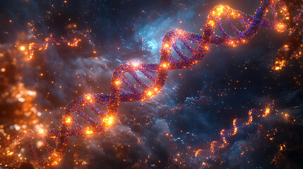 Vibrant DNA Helix Surrounded by Cosmic Elements, Symbolizing Life and Discovery