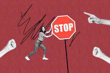 Trend artwork banner 3D collage of young lady walk hand push stop banner hate domestic problem stop...