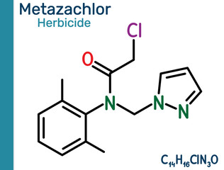 Metazachlor molecule. Chloroacetanilide herbicide used for selective weed control in crops. Skeletal chemical formula
