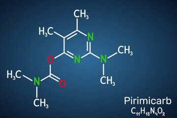 Pirimicarb molecule. Carbamate insecticide used in agriculture to control aphids. Dark blue background