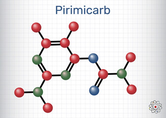 Pirimicarb molecule. Carbamate insecticide used in agriculture to control aphids. Sheet of paper in a cage