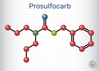 Prosulfocarb molecule. Thiocarbamate herbicide used in agriculture to control annual grasses. Sheet of paper in a cage