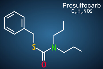 Prosulfocarb molecule. Thiocarbamate herbicide used in agriculture to control annual grasses. Dark blue background