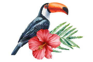 Tropical toucan with red hibiscus and palm leaves watercolor illustration for exotic bird clipart summer jungle decor and wall art