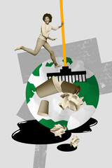 Vertical 3d poster art collage of happy girl stand earth globe hold rake clean trash disposal dump...