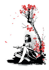 Girl with sword sitting under blossoming cherry tree. Illustration, Vector.