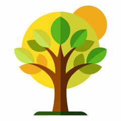Stylized Tree Illustration with Yellow Sun and Green Leaves Flat Design Graphic