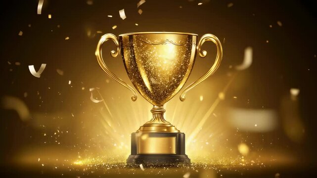 Golden trophy shines amidst falling confetti in celebratory scene