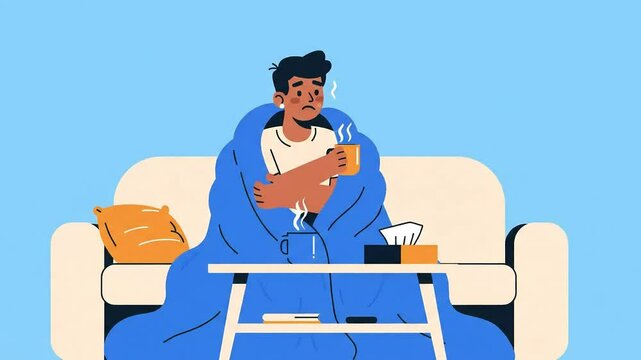 sick man at home suffering from cold, fever, cough, sneeze, suffering from seasonal flu, infection, viral disease. Sick man with blanket and drinking warm water. Cartoon flat vector illustration
