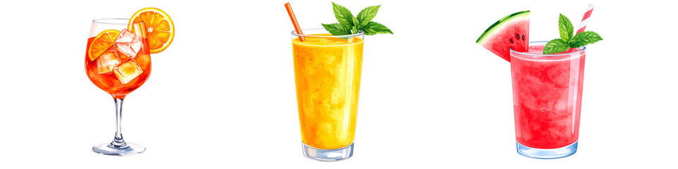 Watercolor painting of refreshing summer cocktails on transparent background