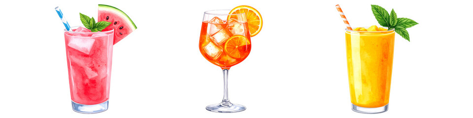 Refreshing summer cocktails with watermelon, orange, and mango on transparent background