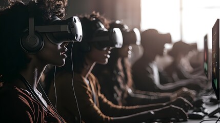 Diverse Group Engaged in Virtual Reality Experience with Headsets