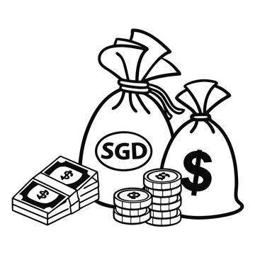 Visual Depiction of Financial Wealth Bags of Singapore Dollars and American Currency alongside Stacks of Coins and Paper Money