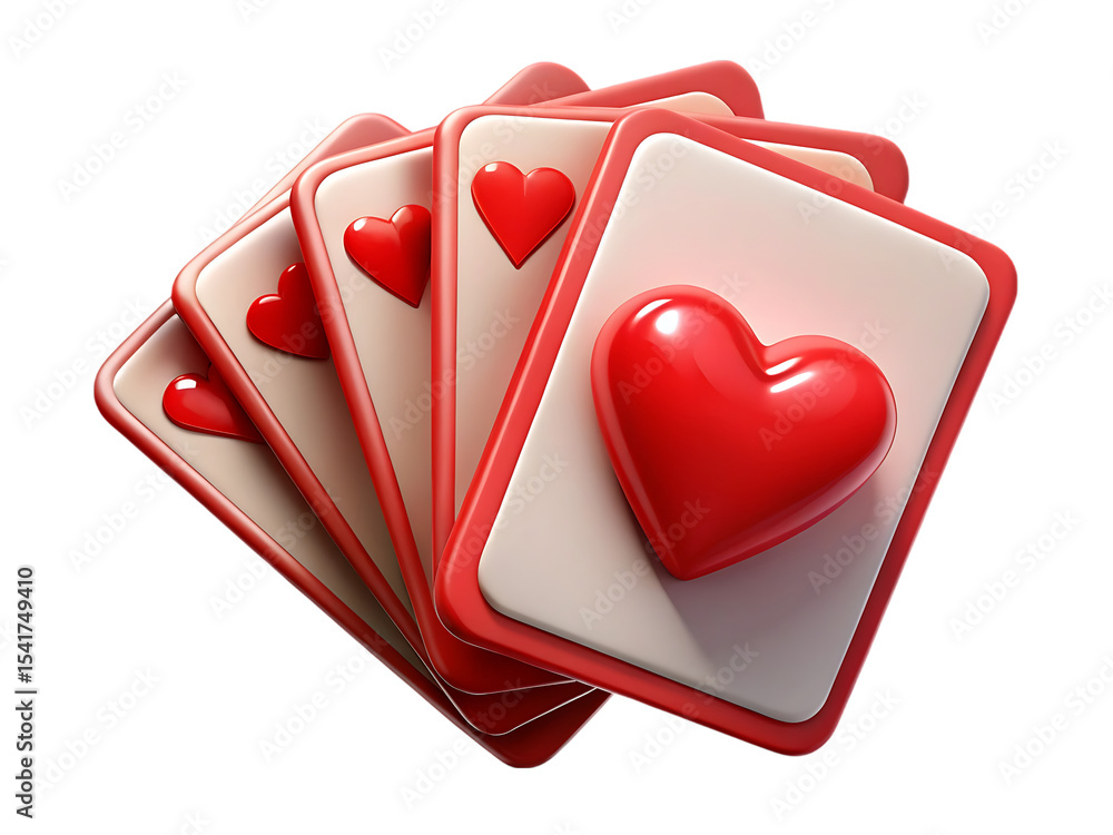 Poster stack of red hearts cards 3d render isolated on transparent background