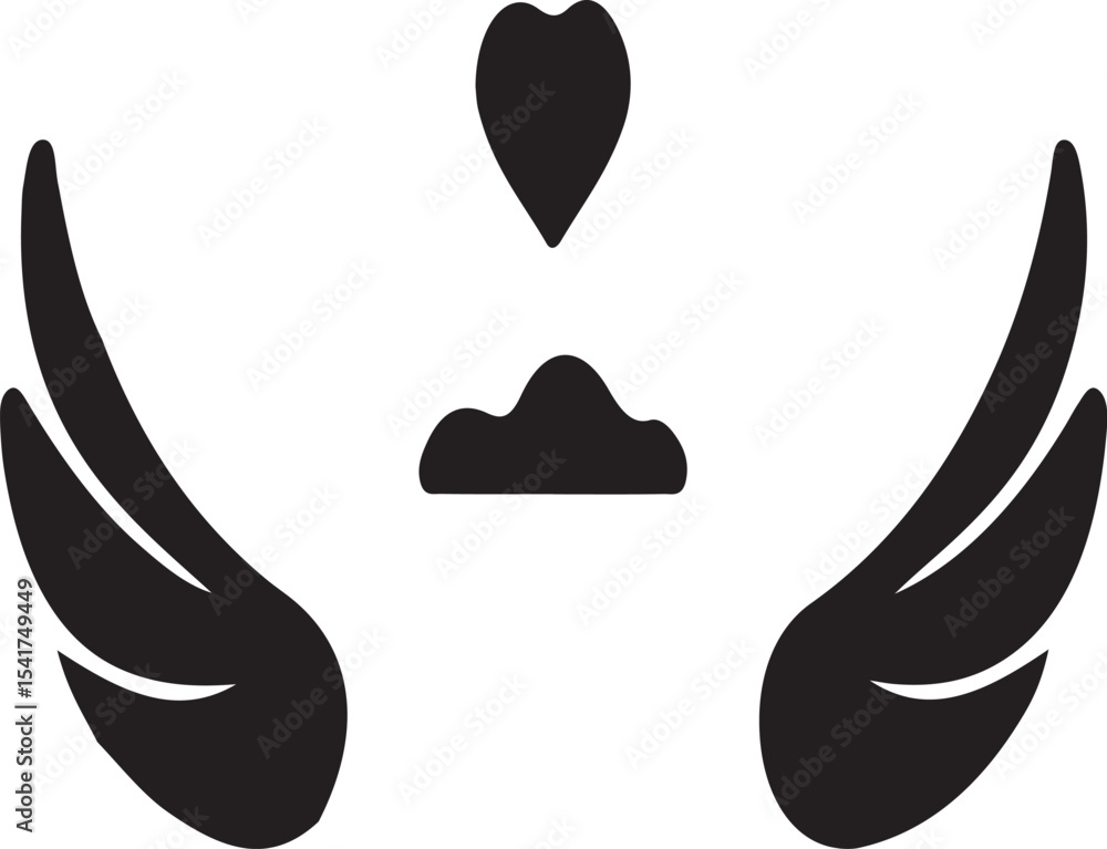 Poster a simple graphic design featuring two wings a heart shape and a cloud like shape in black and white 