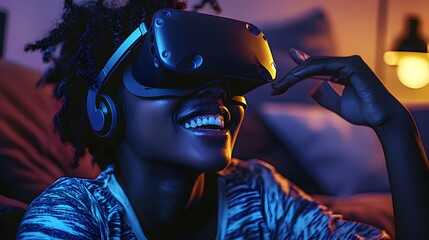 Woman Enjoying Immersive Virtual Reality Experience at Home
