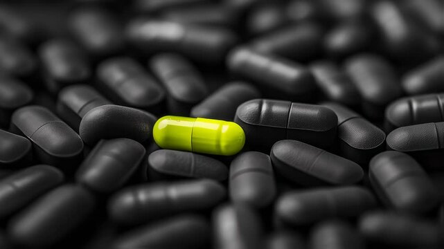 Bright yellow capsule stands out among dark pills in focused transition sequence