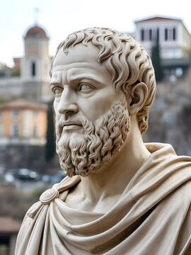 Marble bust of a Roman senator and philosopher in the foreground of ancient Rome.